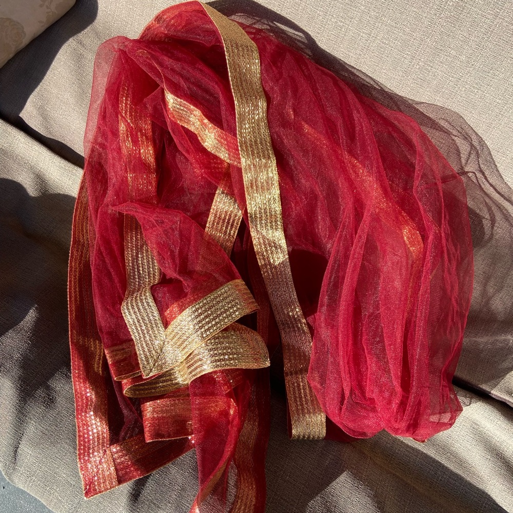 Red Maroon Net Indian Scarf Dupatta Gold Boarder Wrap Shawl